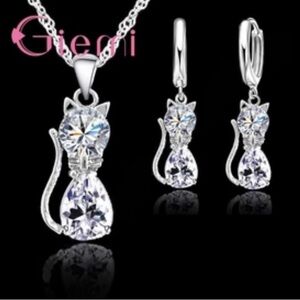 925 Sterling Silver and Cubic Zirconia Cat Necklace Pendent w/Chain and Earrings
